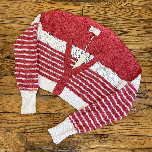 Anthropologie Yoon NWT Cropped Cardigan Lond Sleeve Small Pink & White - Picture 1 of 7